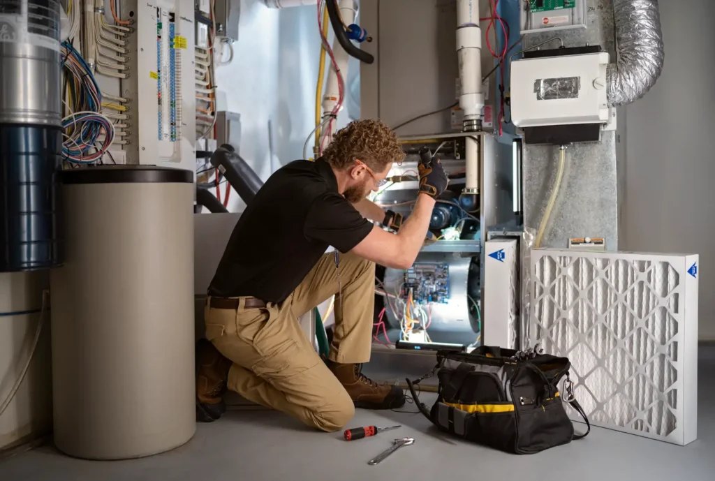 Technician repairing a residential furnace